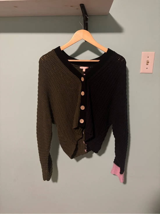 Lisa Todd Sweaters - Lisa Todd Olive Green, Black & Pink Colorblock Button Cardigan